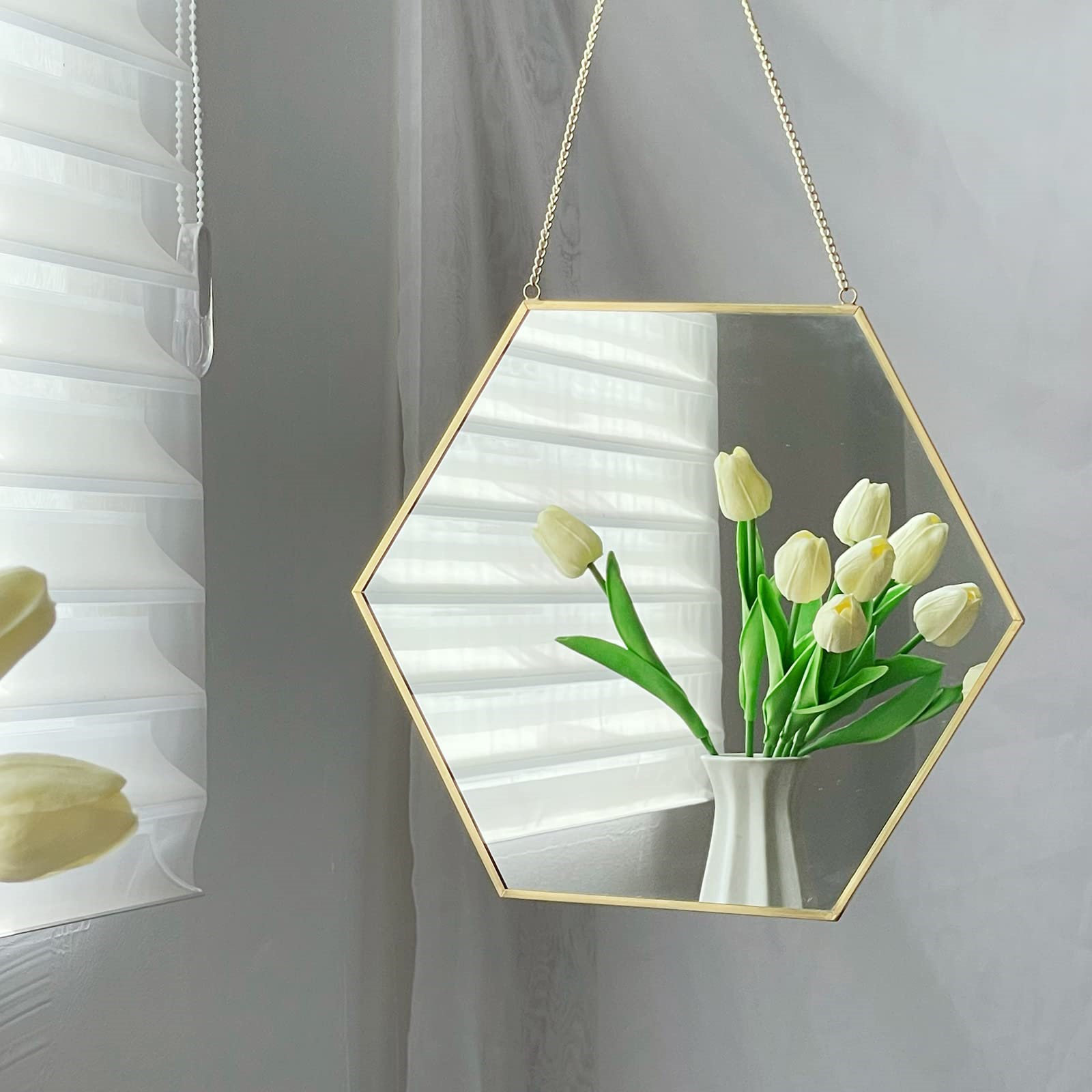 Hanging Wall Mirror Geometric Hexagon Round Small Art with Chain for Home Decor 