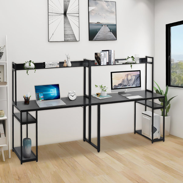 Inbox Zero Home Office Double Workstation Desk Two Person Computer Desk With Storage Spacious Tabletop Multifunction Writing Desk With Shelf Black Wayfair Ca