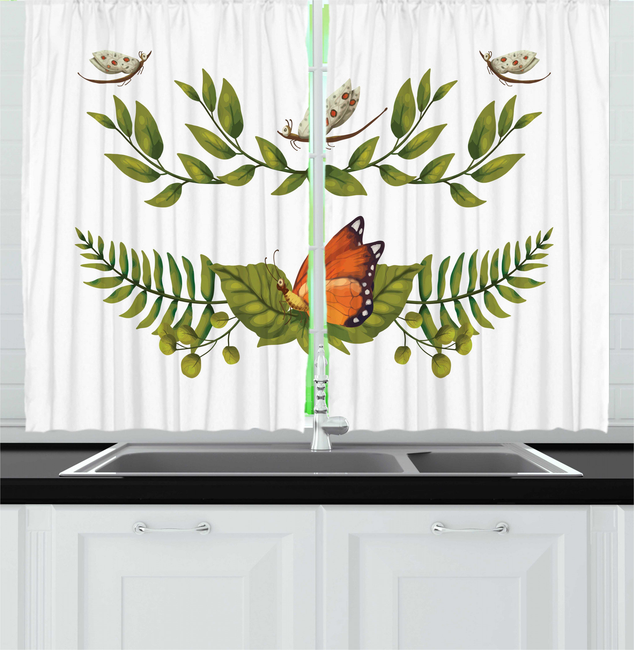 East Urban Home 2 Piece Insects Nature Outdoor Scene Illustration Of Leafy Branches And Butterflies Garden Art Kitchen Curtain Set Wayfair