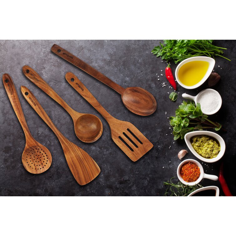 Non-Scratching and Durable Spatulas for Non-Stick Cookware 6 Pieces Acacia Wooden Cooking Utensils Set by StarBlue Eco-Friendly and Ergonomic Wooden Spatula and Spatula Holder Set