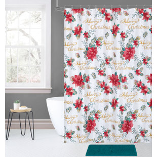 Pinecone Curtains Wayfair Overturf 14 Piece Joy Noel Holiday Poinsettia Pinecones Shower Curtain Set