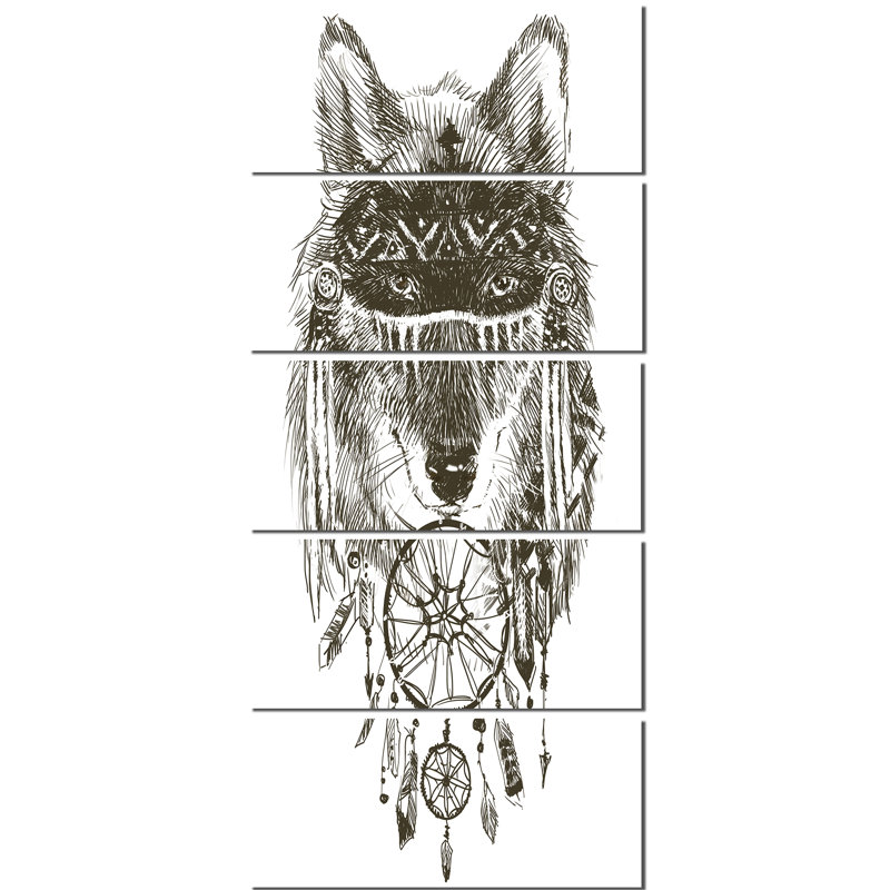 Designart Funny Indian Wolf Warrior Watercolor 5 Piece Painting