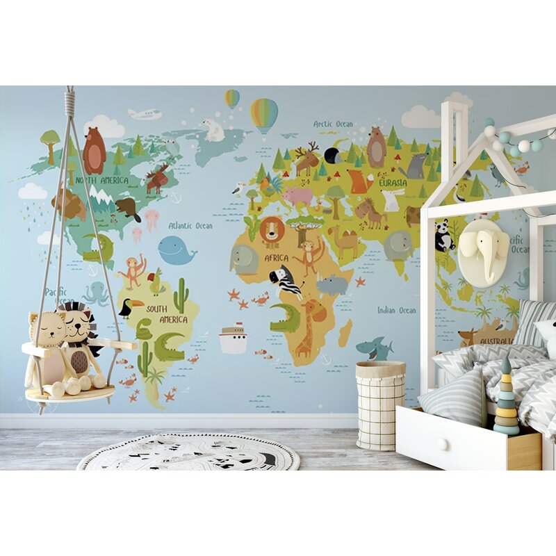 Gk Wall Design Colorful World Map Animals Textile Wall Paper Wayfair