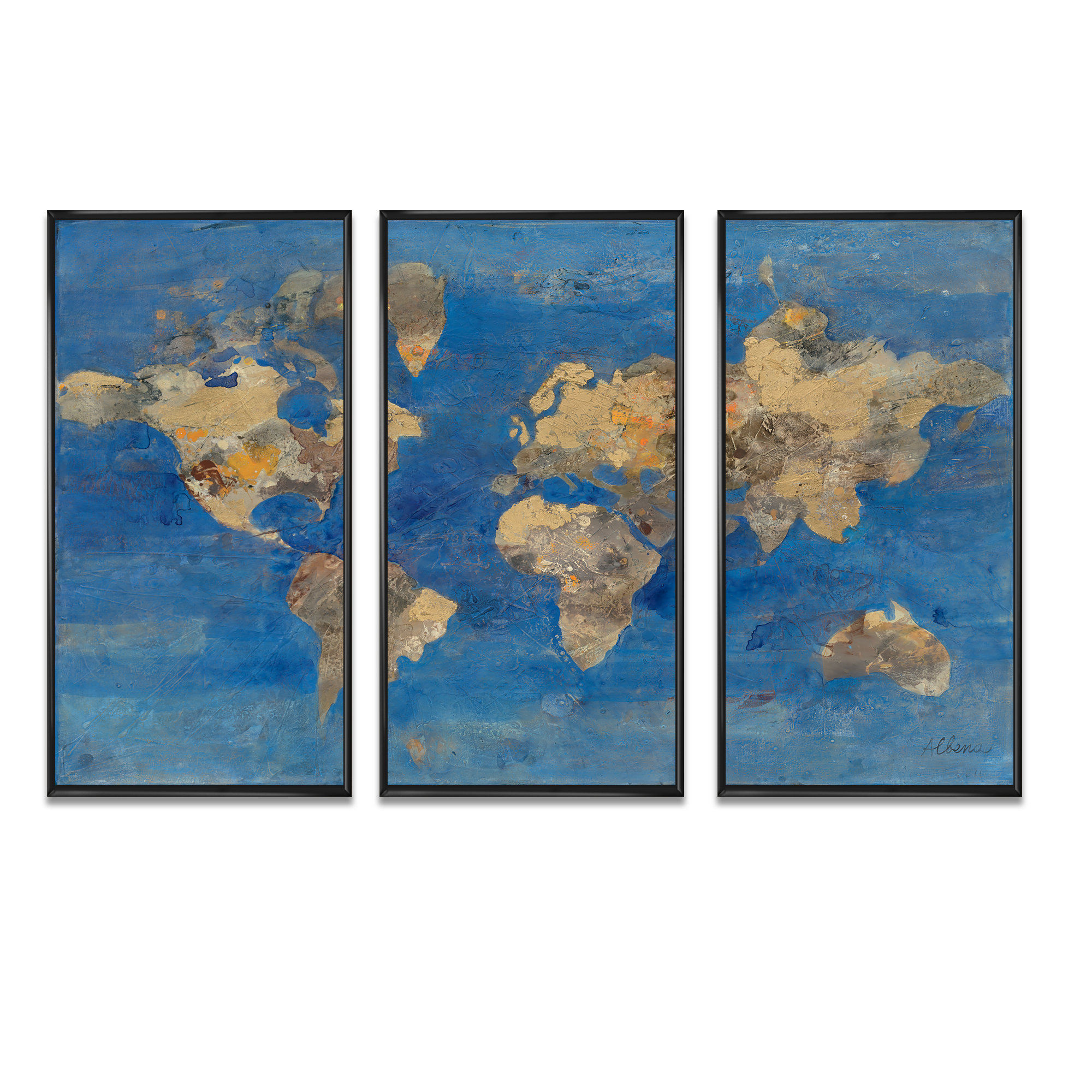 DesignArt Golden Blue World Map - 3 Piece Floater Frame Print on Canvas ...