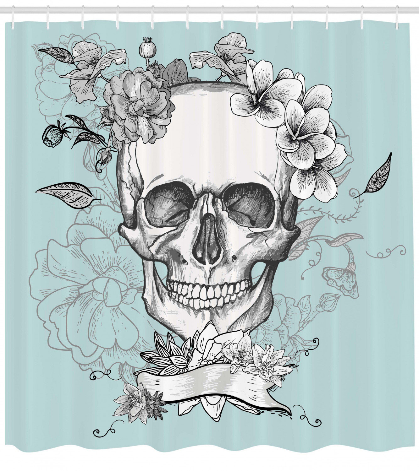Floral Skull Pattern Polyester Fabric Shower Curtain Bathroom Decor Mat Rug