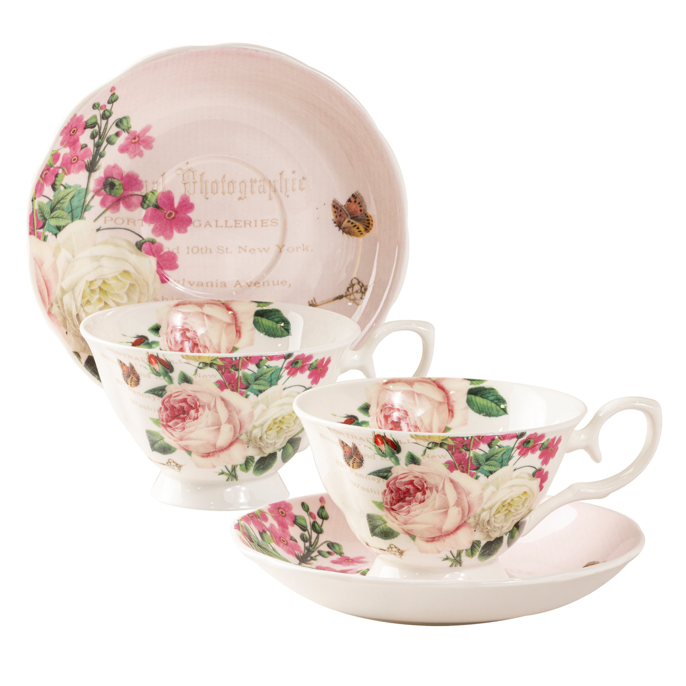 4 X Floral Butterflies China Mugs Tea Cups Coffee Home Kitchen Office