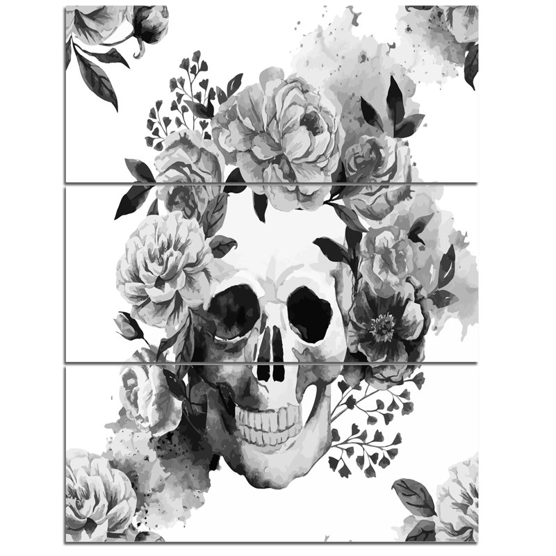 Designart Peony Watercolor Skull 3 Piece Painting Print On