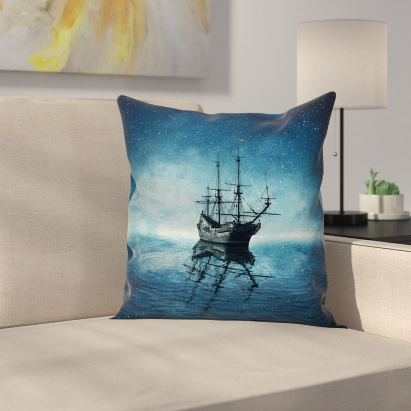 East Urban Home Pirate Ship Night Sky Ocean Square Cushion Pillow
