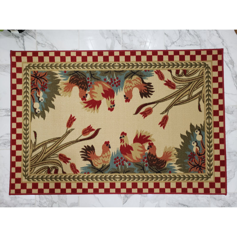 August Grove Charleena Rooster Checkered Cream Red Green Kitchen Area Rug Reviews Wayfair