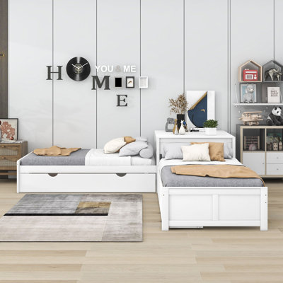 Twin Size 2 Drawers Wooden L-shaped Platform Beds with Trundle and Built-in Table