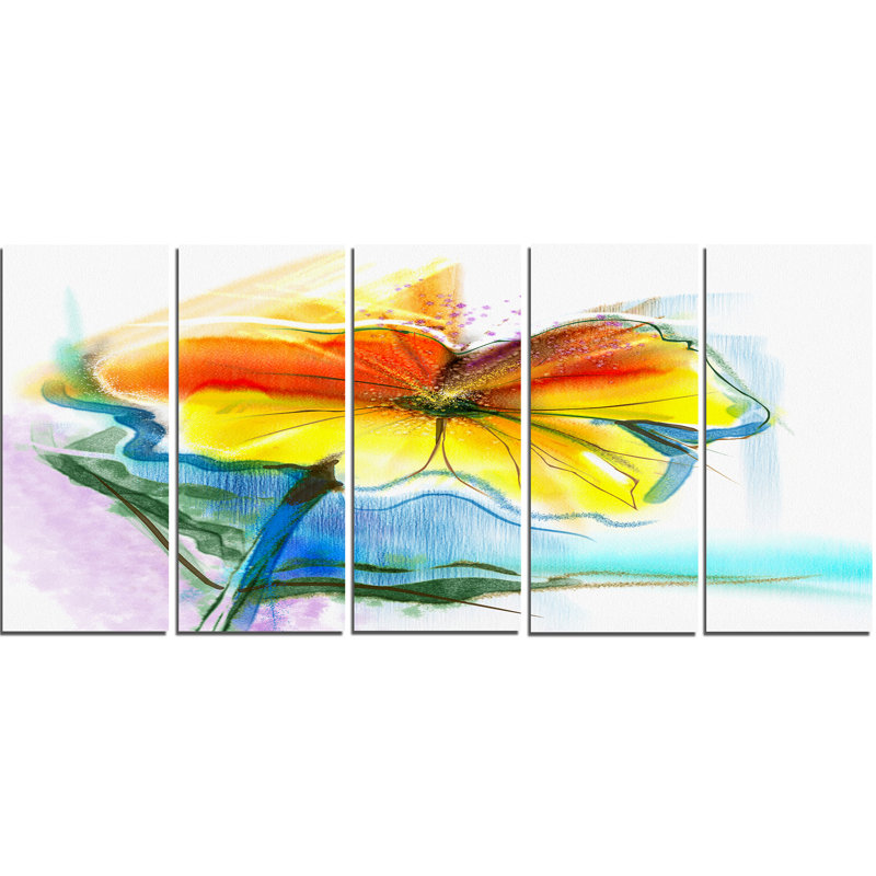 Designart Hand Painted Yellow Pink Red Daisies 5 Piece Painting