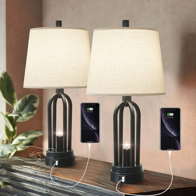 Red Barrel Studio Industrial Table Lamp Set Of 2 Farmhouse Bedside Nightlight Lamp With Dual Usb Ports Rustic Nightstand Lamp With Open Column For Living Room Bedroom Reading Study Office Wayfair