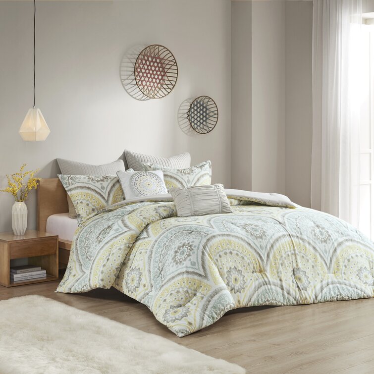 Bungalow Rose Matti Yellow Blue Gray 100 Cotton 180 Tc 7 Piece Comforter Set Reviews Wayfair