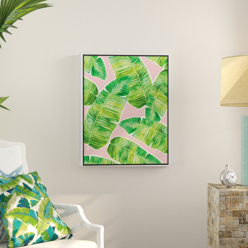 Bay Isle Home Green Palm Leaves On Pink Background Framed