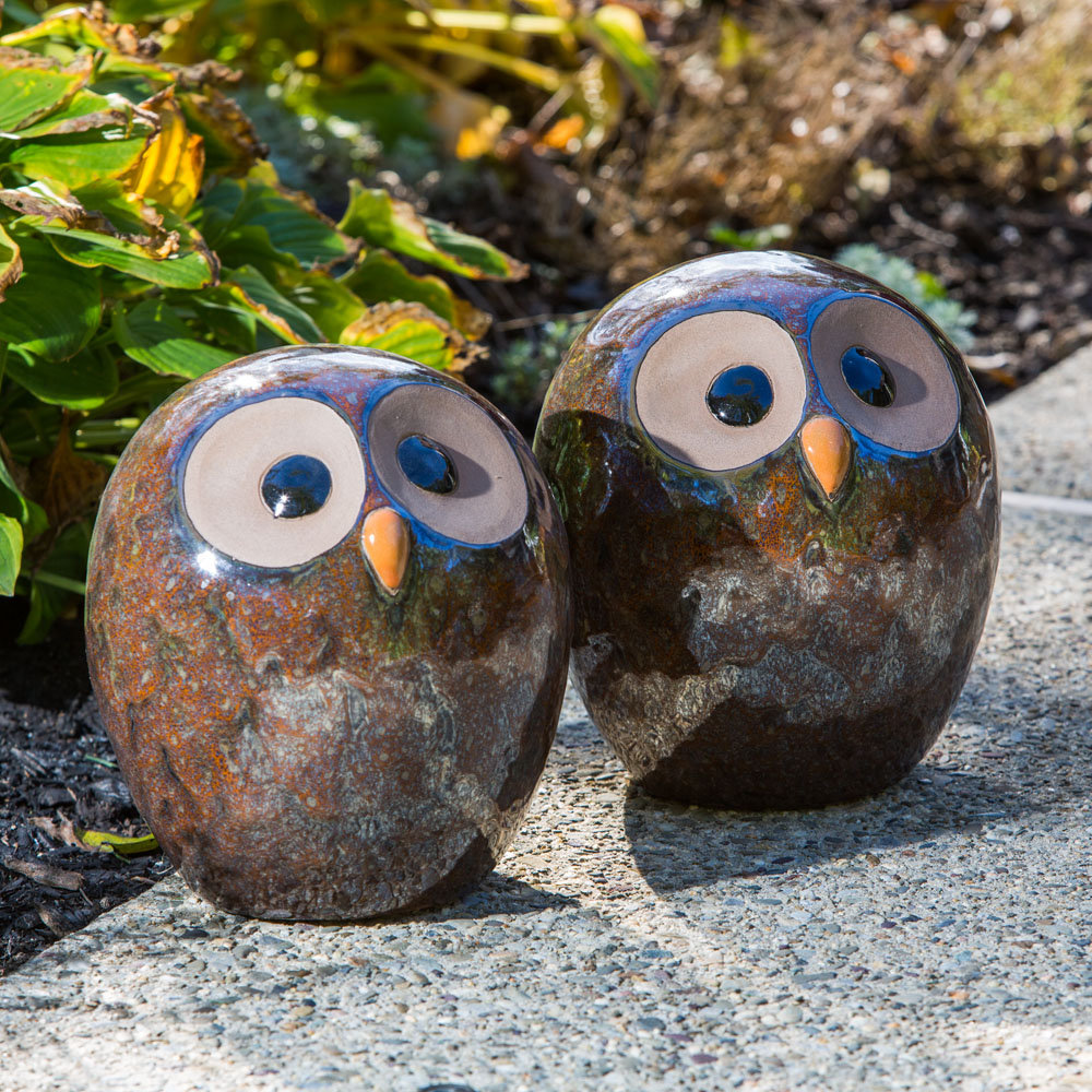 Ceramic Owl Figurine On Fence Collectible Miniature Bird Animals Theme Brown
