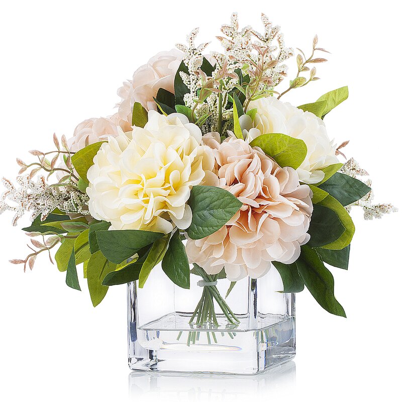 Primrue Artificial Silk Dahlia Flower Arrangement In Clear Glass Vase ...