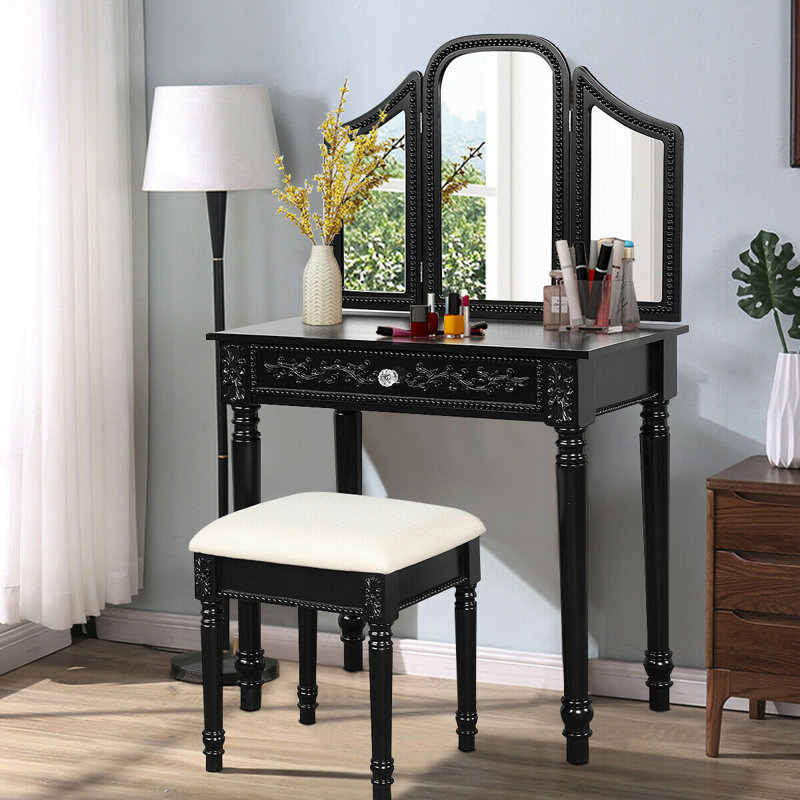 Canora Grey Hayse Dressing Makeup Vanity Set With Stool And Mirror Wayfair