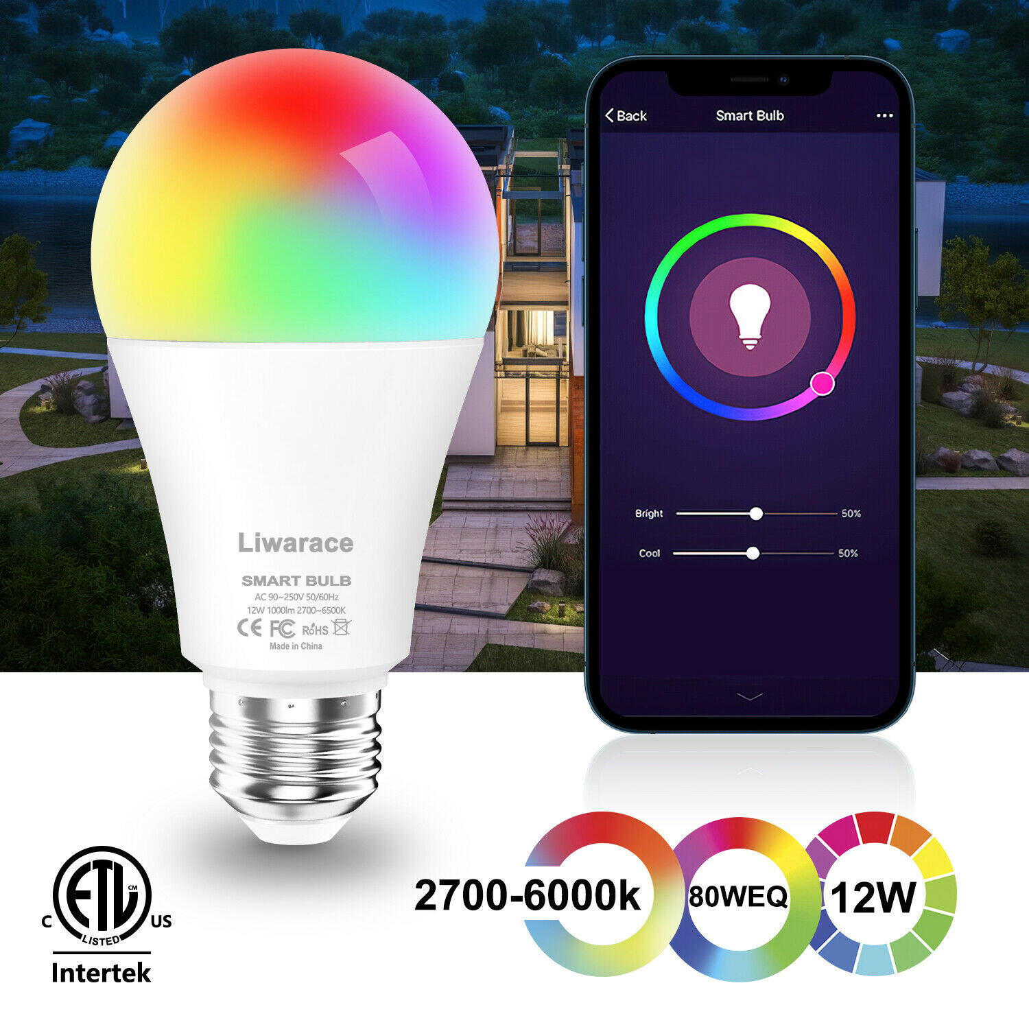 Liwarace 12W E26 Wifi Smart LED Light Bulb RGB Dimmable For Amazon
