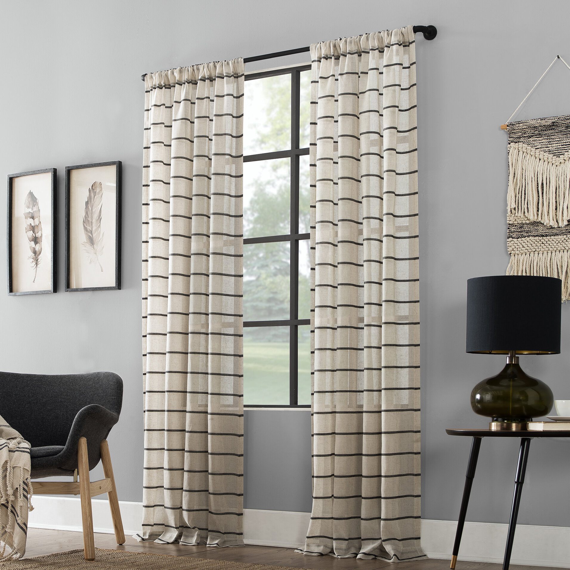 Twill Anti-Dust Striped Semi-Sheer Rod Pocket Single Curtain Panel