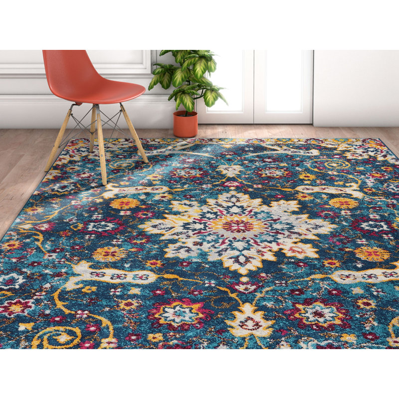 Bungalow Rose Binstead Wonderly Modern Persian Oriental Floral Power Loom Blue Rug Reviews Wayfair Ca