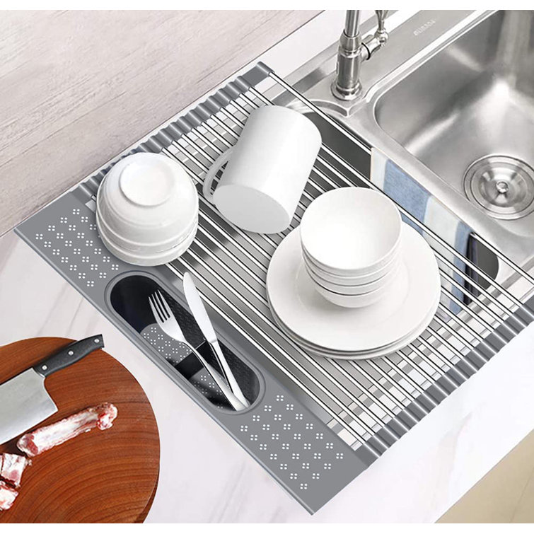 Cozyblock Stainless Steel Foldable Dish Drying Rack With Detachable Utensil  Holder- Versatile Foldable Over The Kitchen Sink Dish Rack