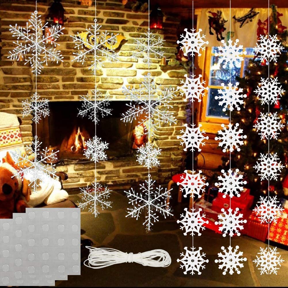 Winter Christmas Decorations Snowflakes Ornaments Hanging Birthday Christmas Tree Window Ornaments 60Pcs White Glitter Snowflakes 11cm