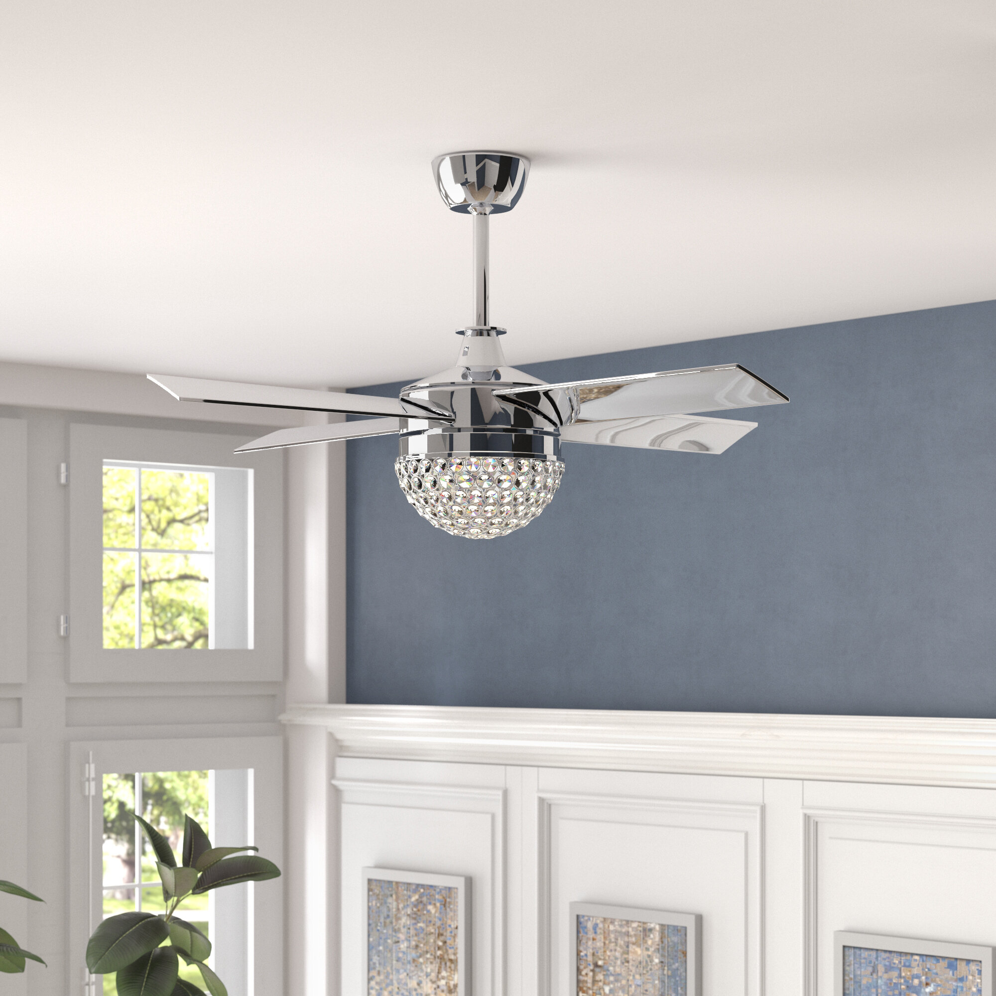 48" Ceiling Fan With LED Lights Modern Crystal Chandelier Fan 4 Blades Chrome 