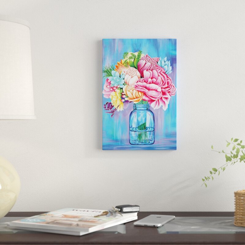 'Colorful Flowers in Mason Jar' Graphic Art Print on Canvas