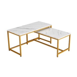 Modern Nesting Coffee Tables Set, Marble White, 2pc, 35.4''l 15.75''w 17.72''h by Everly Quinn