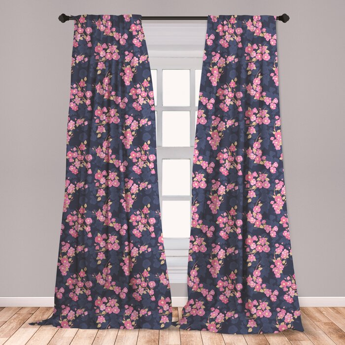 Ambesonne Cherry Blossom 2 Panel Curtain Set Chinese Culture Traditional Floral Garden Retro Style Lightweight Window Treatment Living Room Bedroom