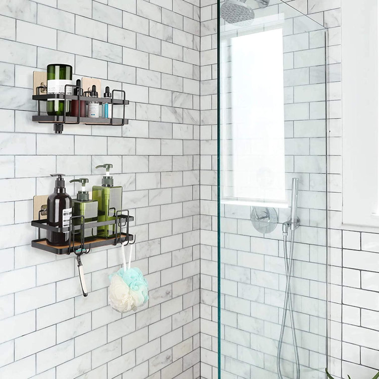 Rebrilliant Shower Caddy Shower Organizer Shelf With Hooks Shower Rack Wall Mounted Adhesive Hanging Rustproof Bamboo Basket No Drilling Shower Storage Holder For Bathroom Shower Kitchen 2 Pack Black Wayfair