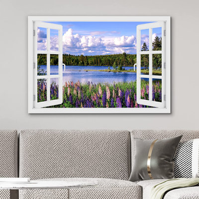 Window View Purple Lavender Lake Nature Landscape Photos Colorful Large Canvas Print Wall Art 48" W x 32" H 