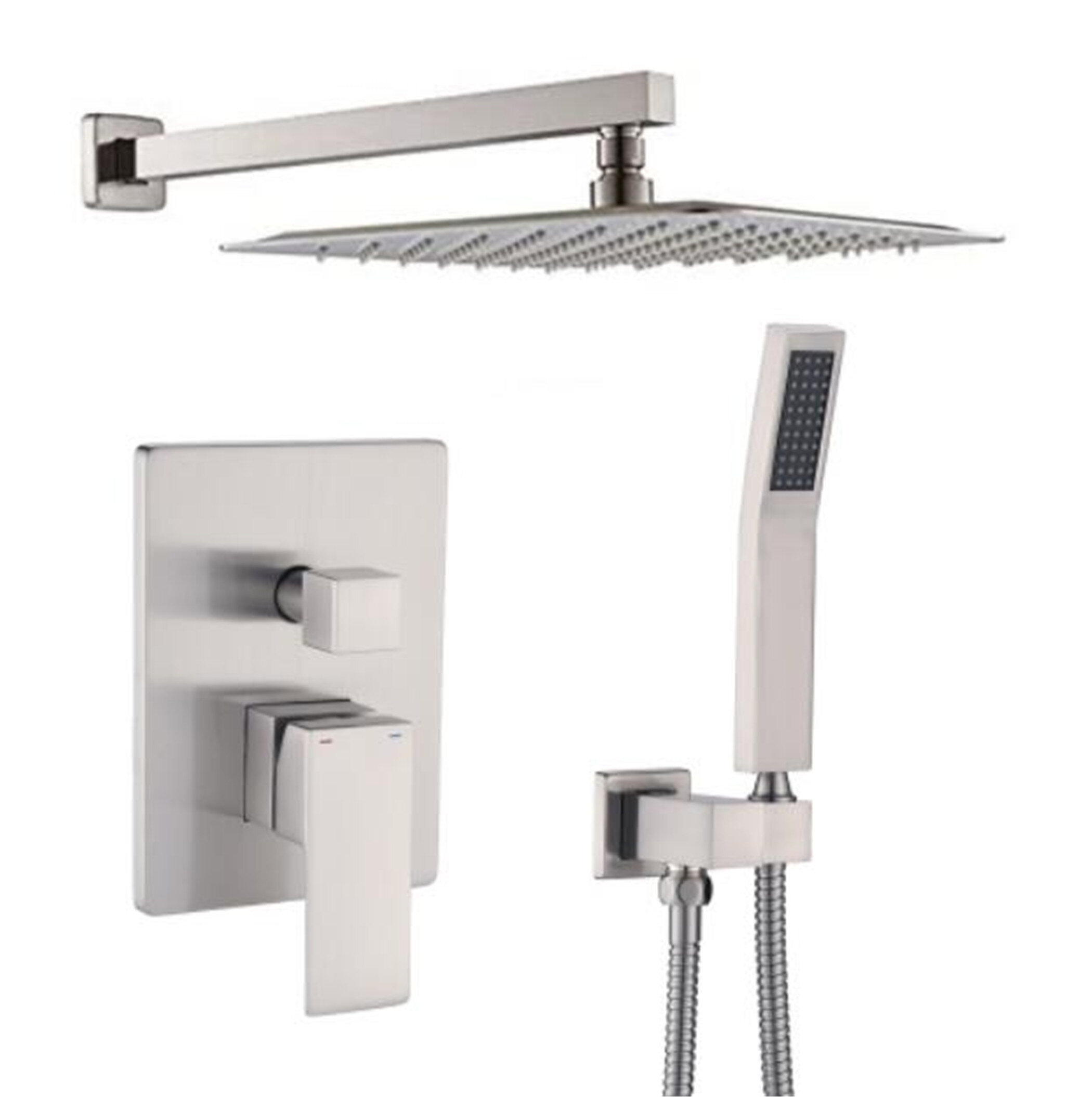 12 inch LED Rainfall Shower Faucet System Brushed Nickel with Hand Shower Mixer