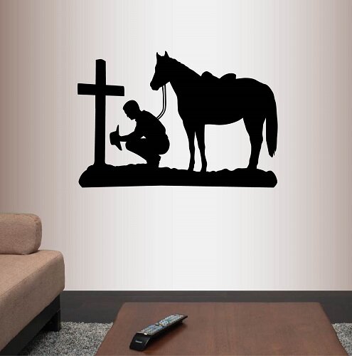 Cowboy Kneeling with Horse and Tree Vinyl Graphic Decal