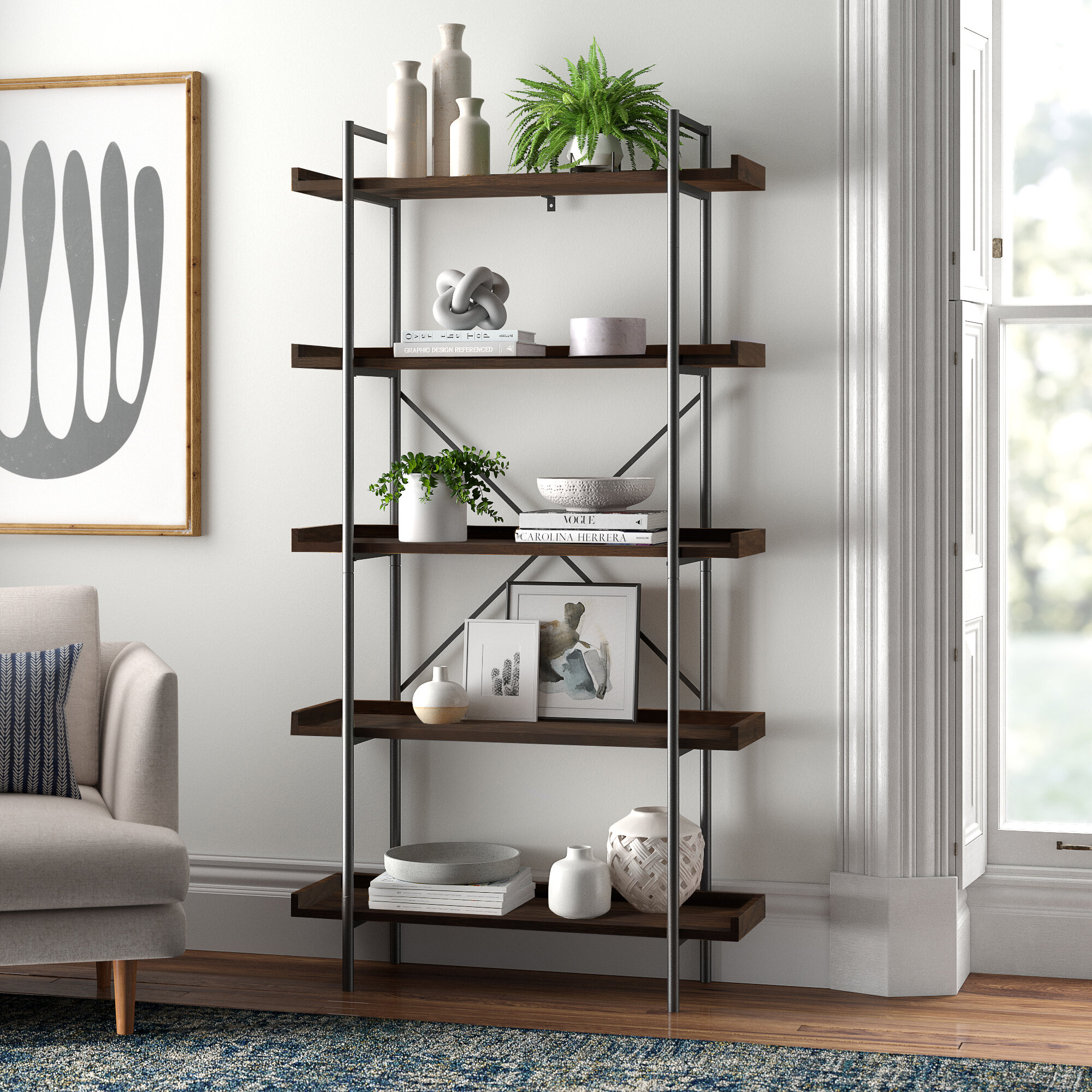 NEW Urban Industrial Metal and Grey Concrete-Effect 5 Tier Bookcase