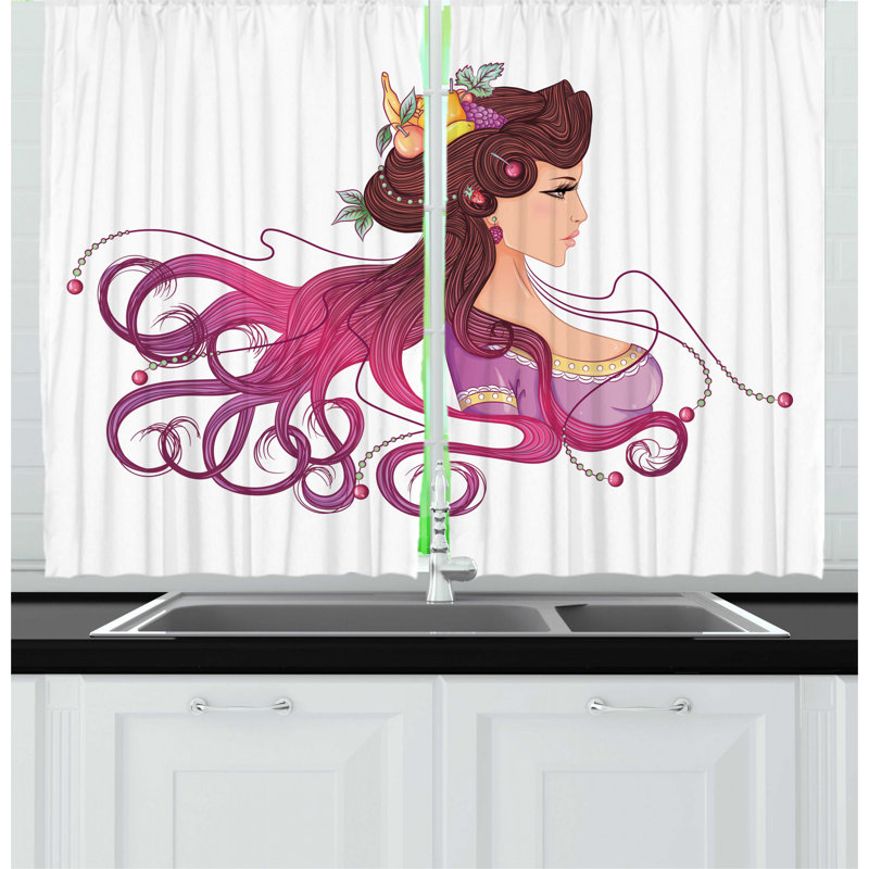 East Urban Home 2 Piece Abstract Woman Interpretation Of Hair Style Of Fruits And Swirls Graphic Kitchen Curtain Set Wayfair