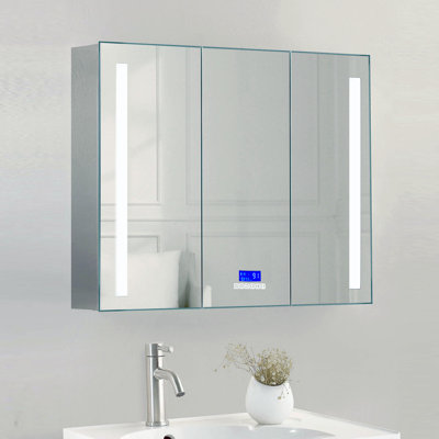 Surface Mount Frameless 3 Door Medicine Cabinet with 4 Adjustable Shelves, LED Lighting and Electrical Outlet