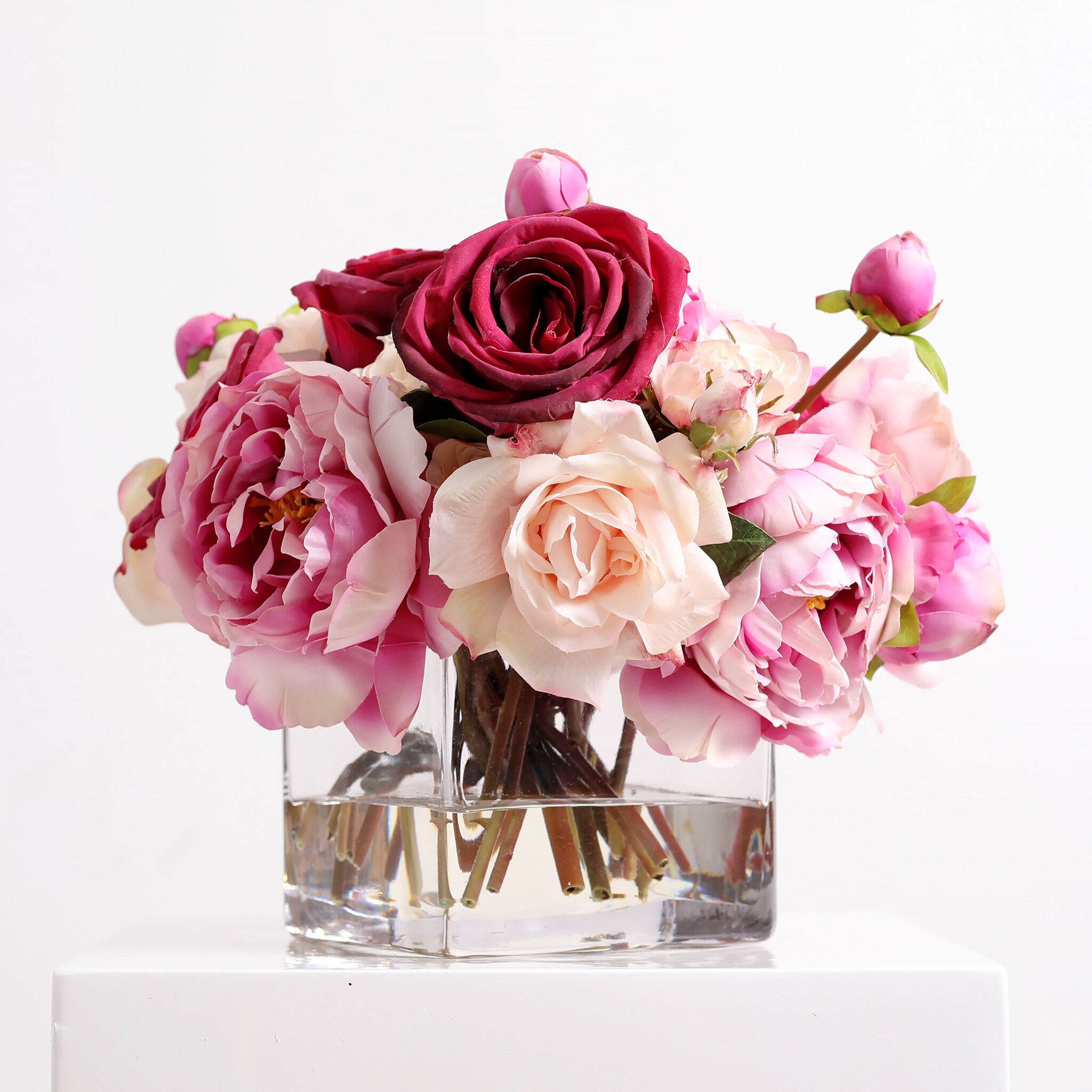Artificial Pink Roses Bucket Silk Arrangement in Vase Handmade 