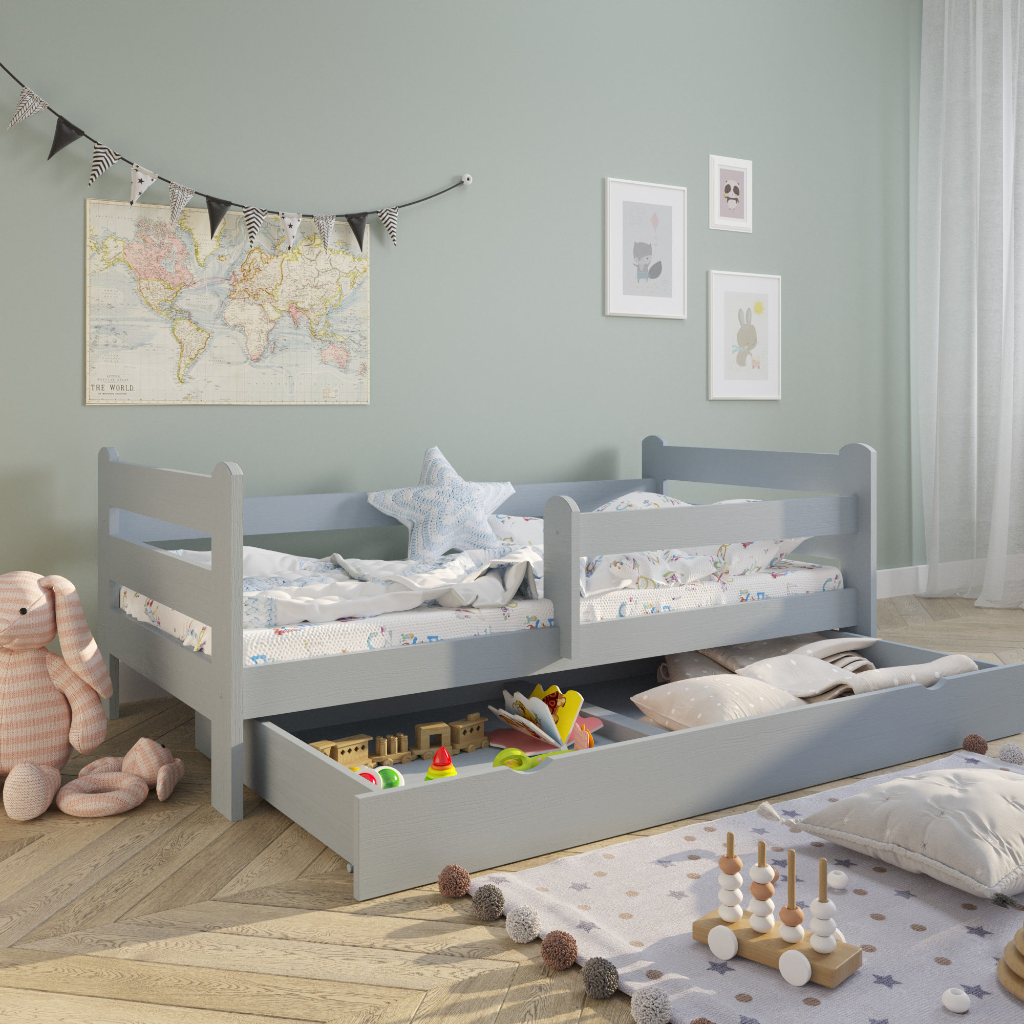 Grün/Limone Kinderbett 80 x 160 cm mit Matratze und Schublade 