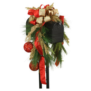 Mailbox Saddle Pine and Fir Boughs Seed Berries Ornaments and Ribbon Swag