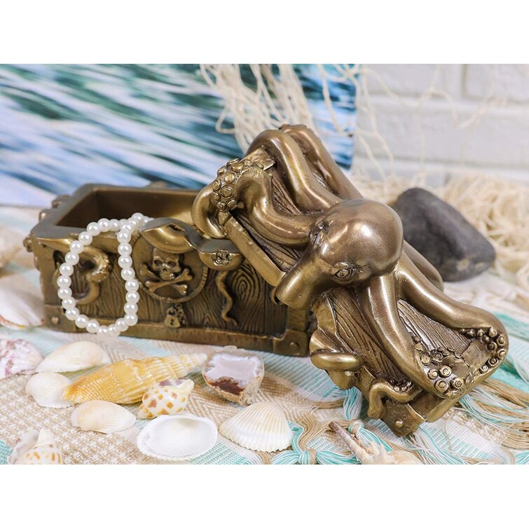 Ebros Gift Caribbean Mythical Kraken Octopus Pirate Haunted Chained Skull Decorative Treasure Chest Shaped Box Jewelry Box Figurine 5Long Nautical Coastal Ocean Marine Decor