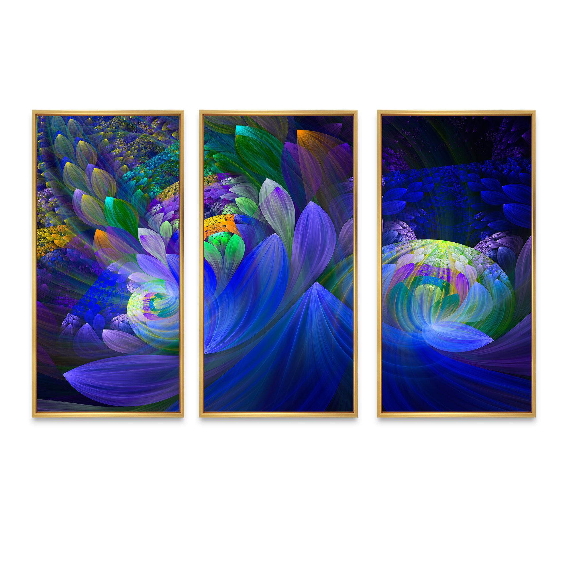 Orren Ellis Blue Fractal Flower Bouquet - 3 Piece Floater Frame Print 