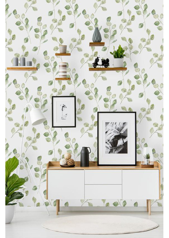 Gracie Oaks Meleri Removable Green Leaves On White Background 8 33 L X 25 W Peel And Stick Wallpaper Roll Reviews Wayfair