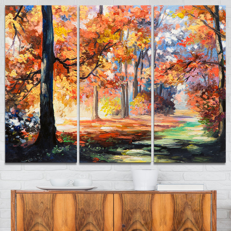 Designart Fall Trail In Forest 3 Piece Painting Print On Wrapped
