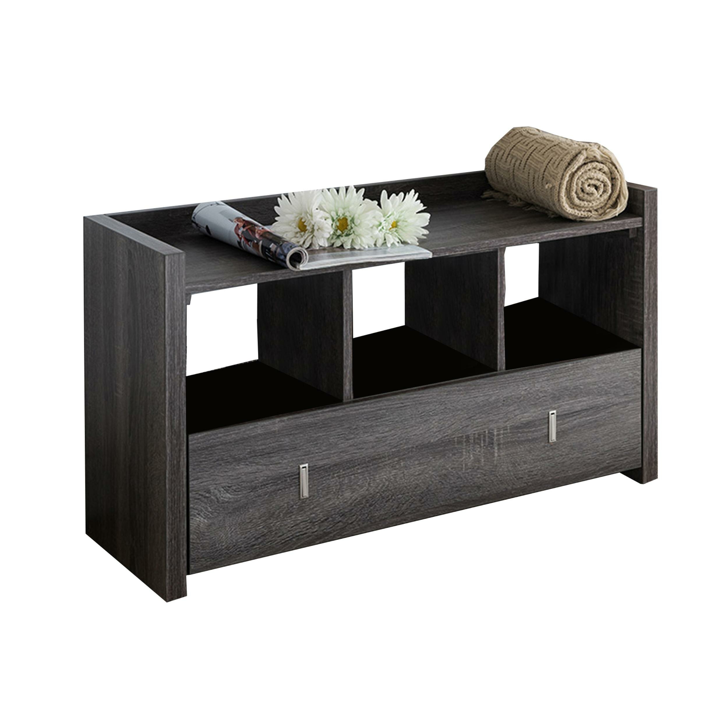 Ebern Designs Wooden Shoe Bench With 3 Shelves Distressed Grey