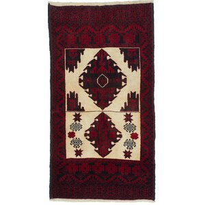 One-of-a-Kind Finest Baluch Wool Hand-Knotted Cream/Dark Red Area Rug