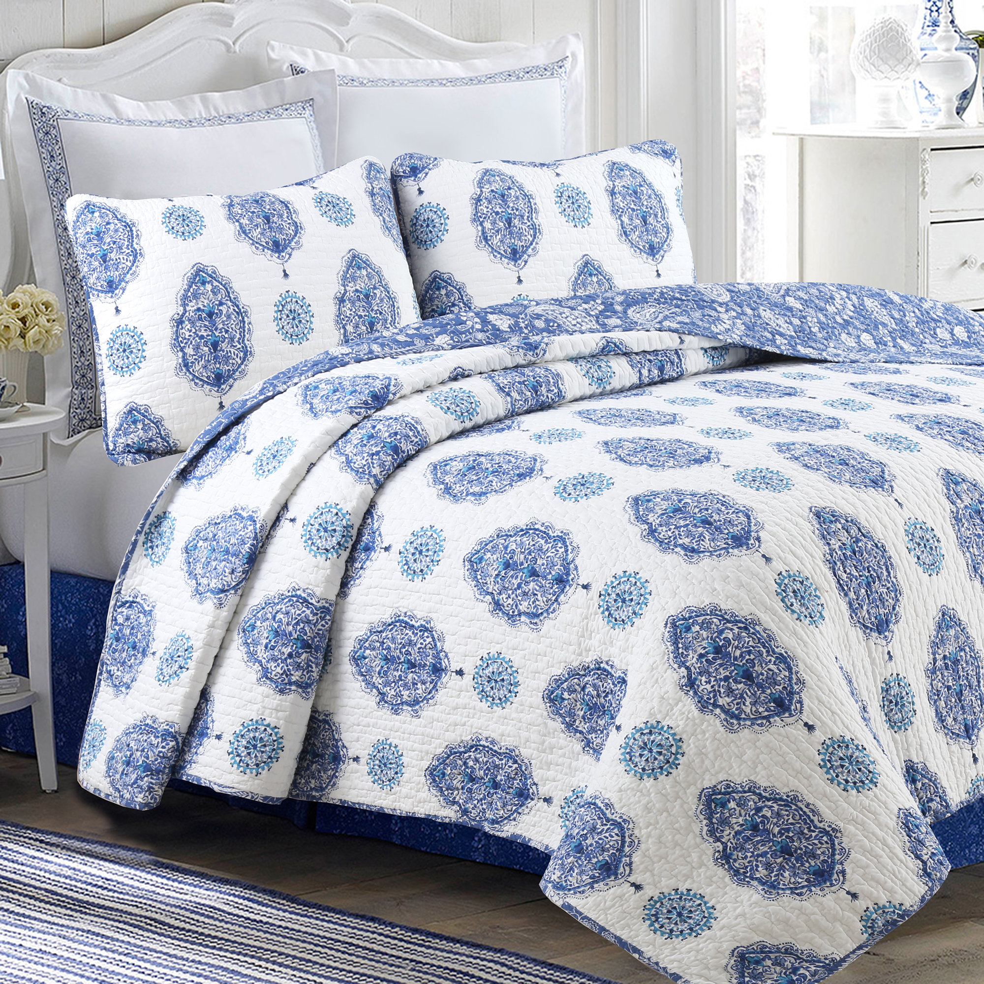 100/% Premium Cotton Reversible Design Blue Medallion Printed Duvet Cover Set