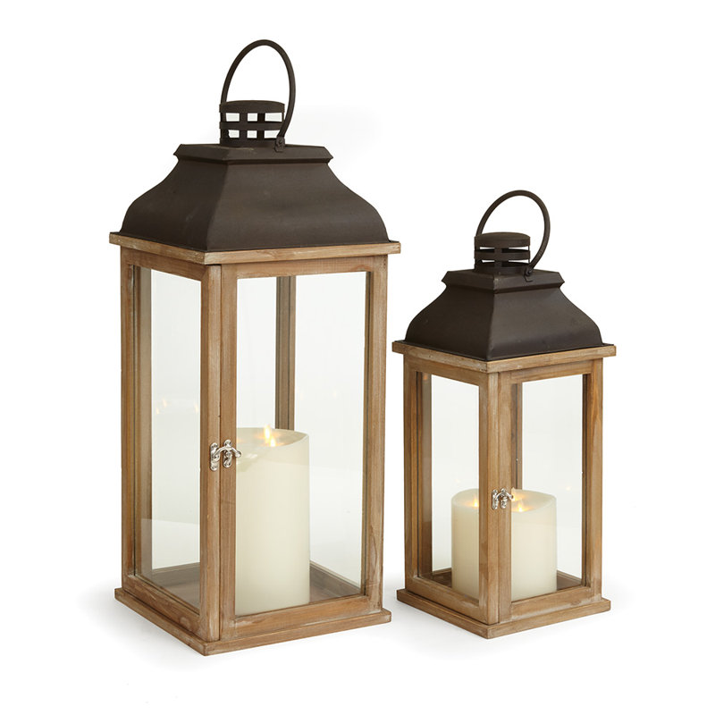 Gracie Oaks 2 Piece Tall Metal And Wood Lantern Set Wayfair