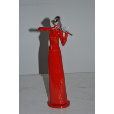Women Playing Violin Red & Chrome Resin Statue - Amabella Perfect Home Decor Sculpture, 5"Lx4"Wx12"H