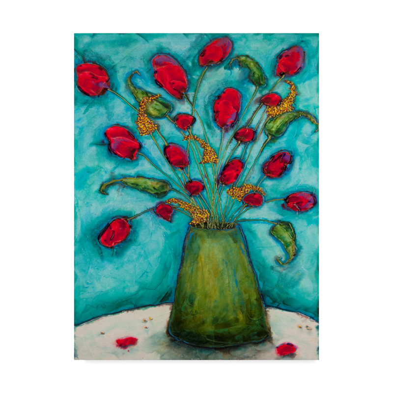 Ebern Designs Flowers In Green Vase Acrylic Painting Print On